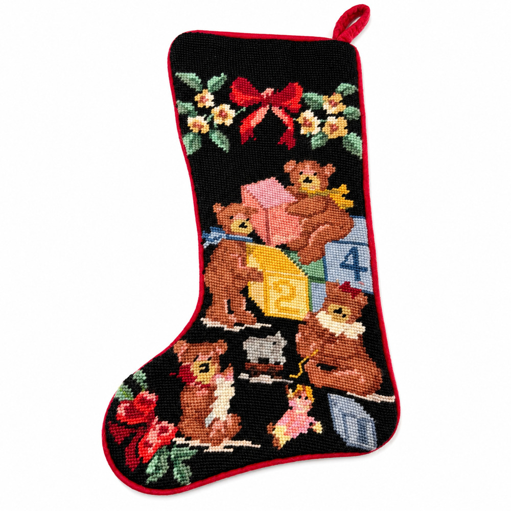 Vintage 1991 Imperial Elegance Teddy Bears Blocks Needlepoint Christmas Stocking